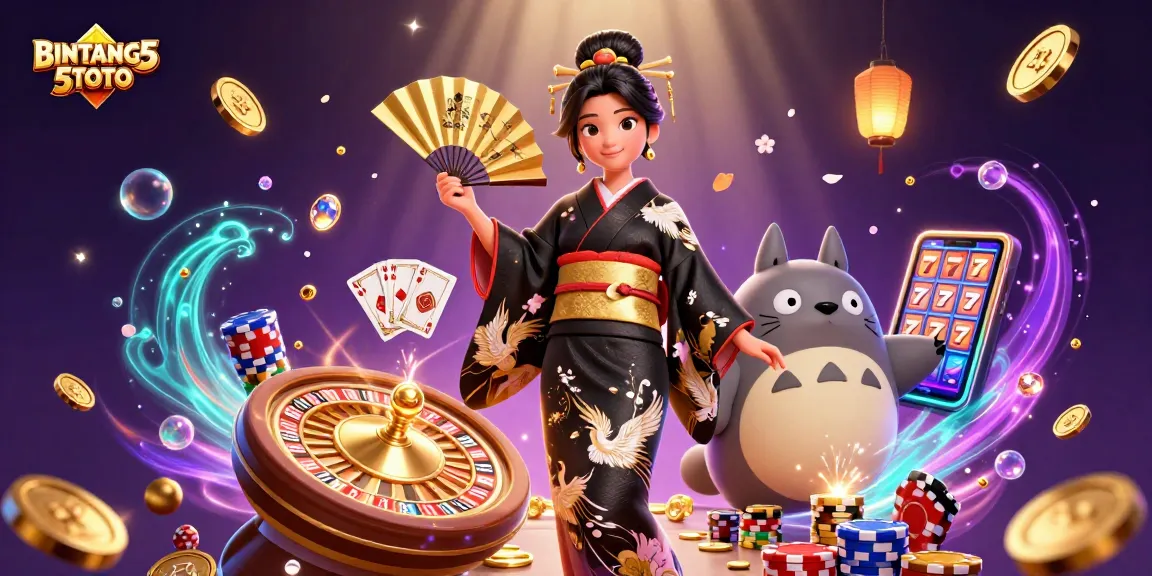 BINTANG5TOTO brings excitement with vibrant gambling graphics featuring a traditional Asian character and dynamic casino elements.