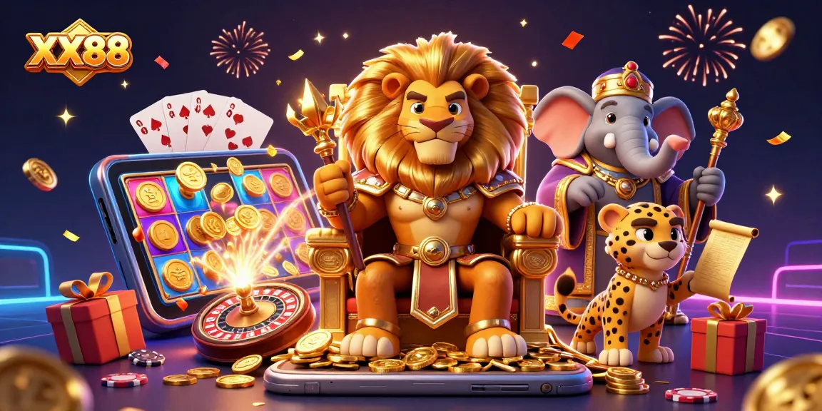 Engage with XX88 through an ultra-detailed 3D casino adventure featuring a lion king and animated gaming elements.