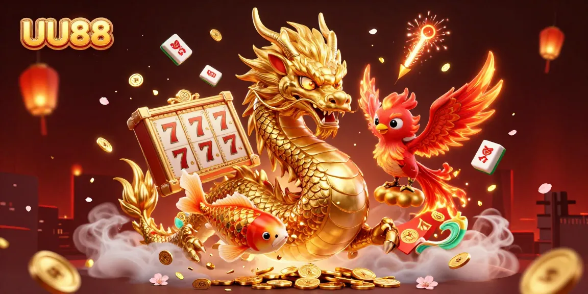 Engage with UU88 in a vibrant casino world filled with a golden dragon, phoenix, and exciting slot elements.