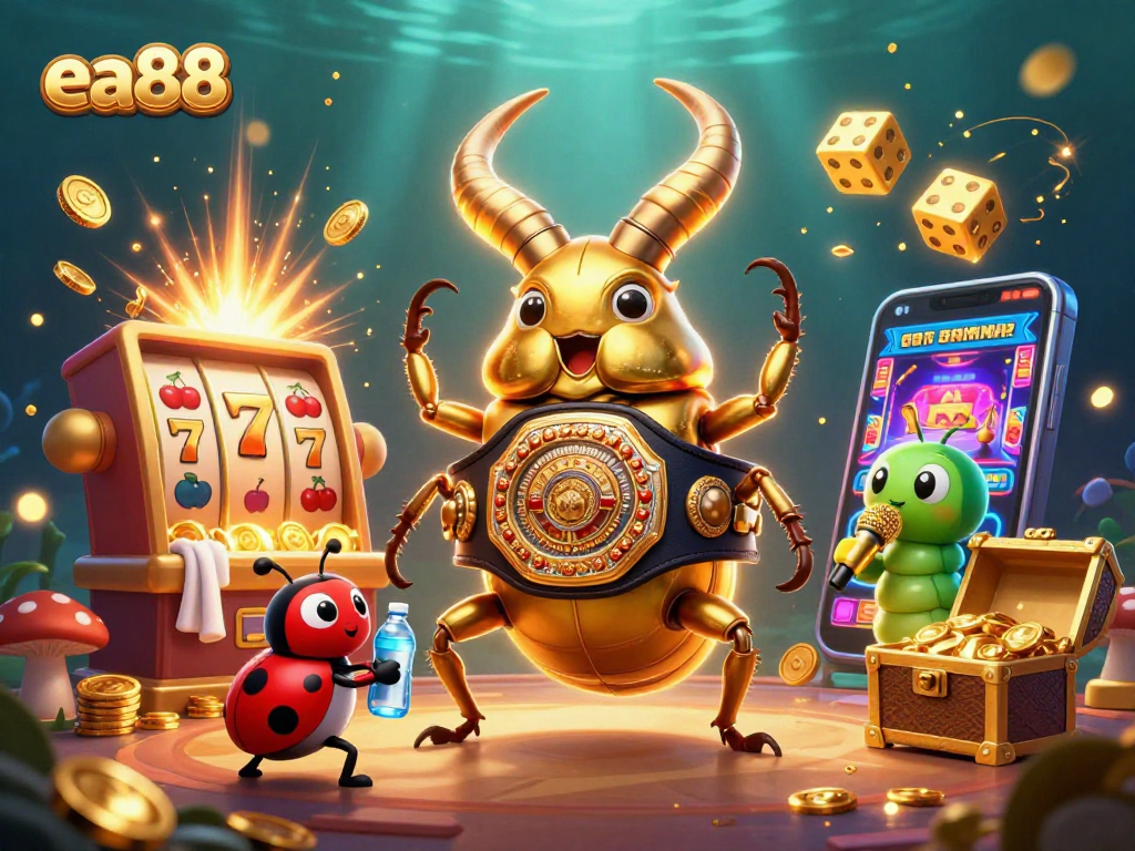Win big with ea88 in a vibrant casino showdown featuring a golden stag beetle and friends.