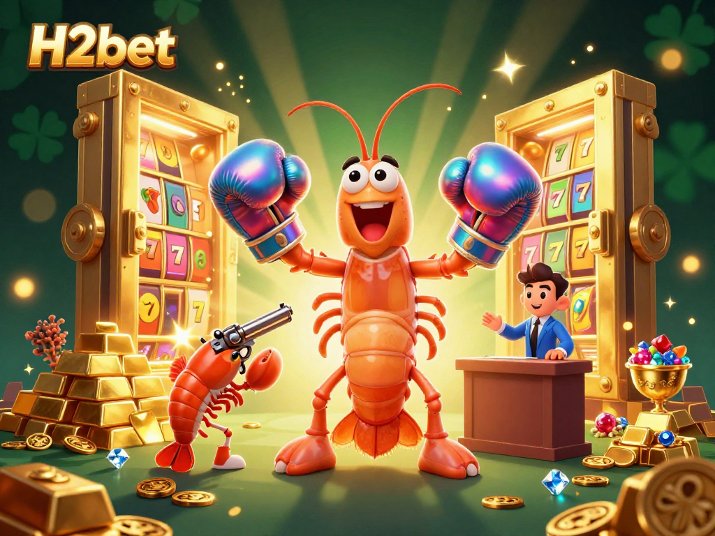 Engage with H2bet in a vibrant 3D casino scene featuring lucky charms and treasures.