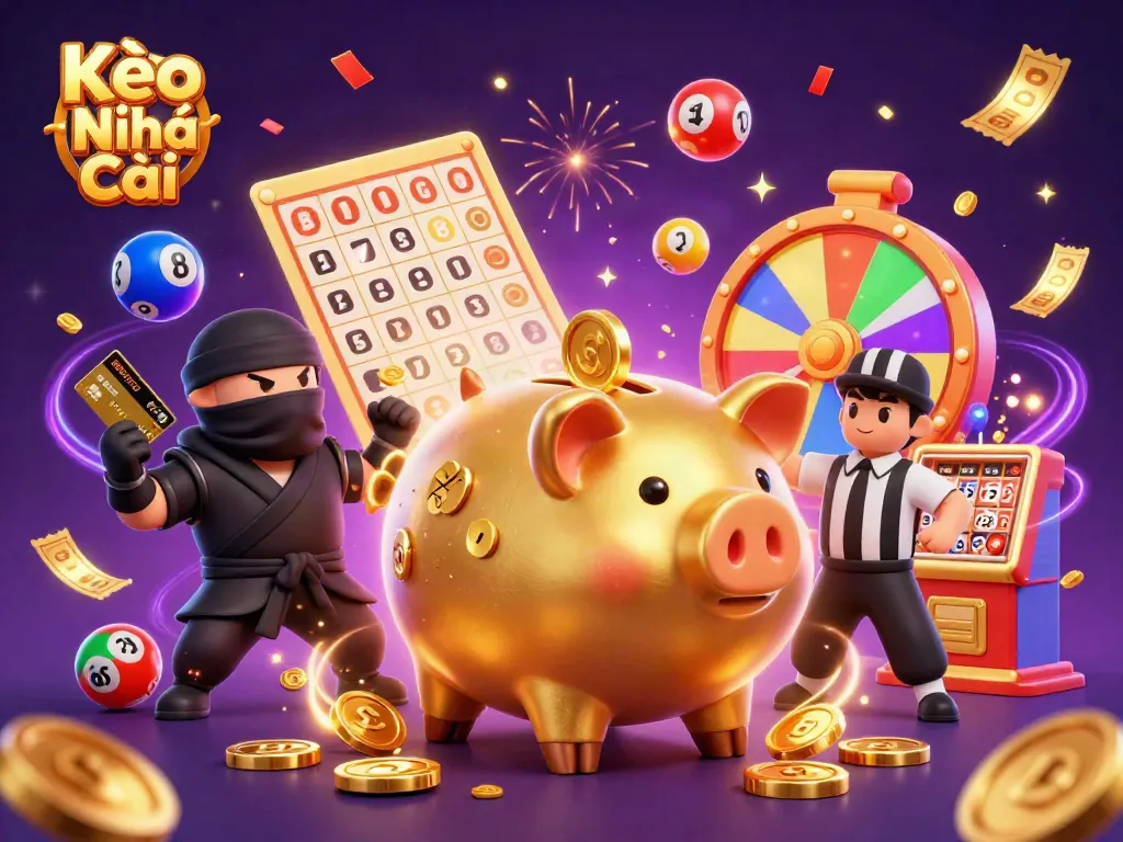 Kèo Nhà Cái dynamic scene with a golden piggy bank sumo wrestler, colorful lottery balls, and magical energy