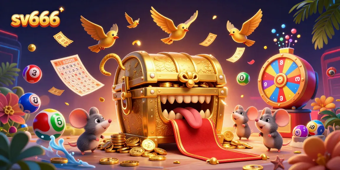 Engage with sv666 in this vibrant lottery-themed illustration bursting with dynamic casino elements.