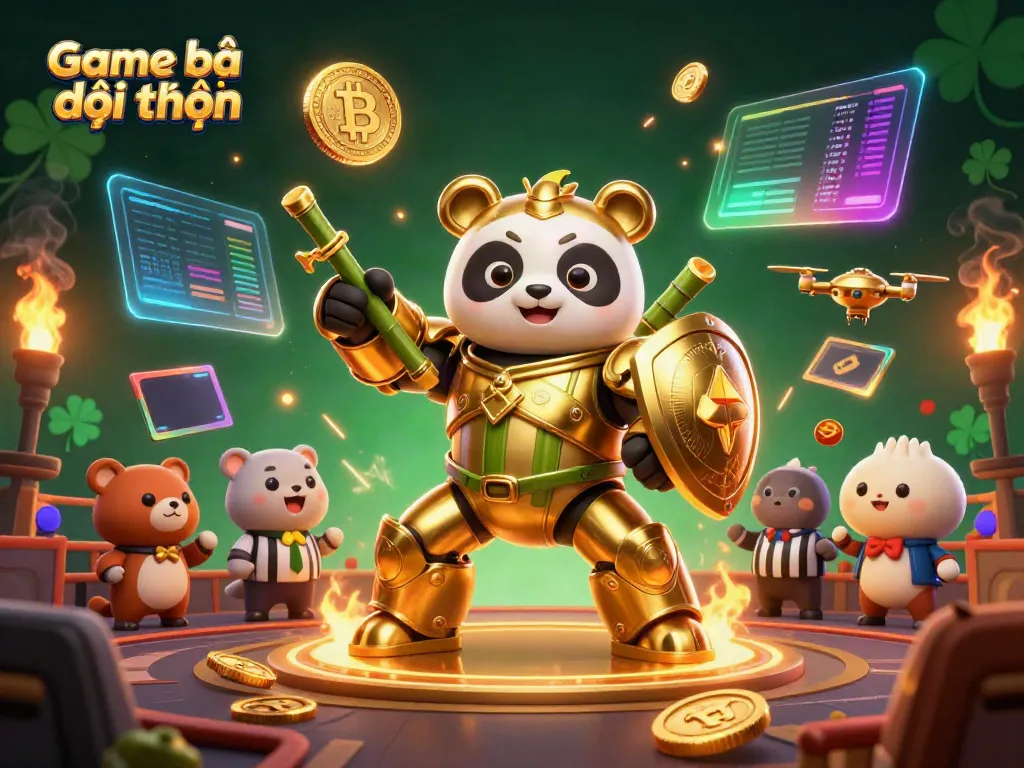 Experience thrilling Game bài đổi thưởng with a golden panda in a mech-suit battling in a vibrant arena.