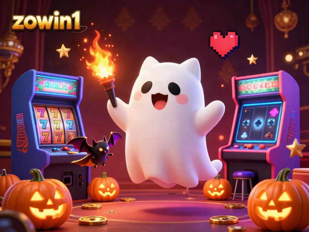 Experience thrilling slots at zowin1, featuring a ghost cat in a vibrant casino scene.