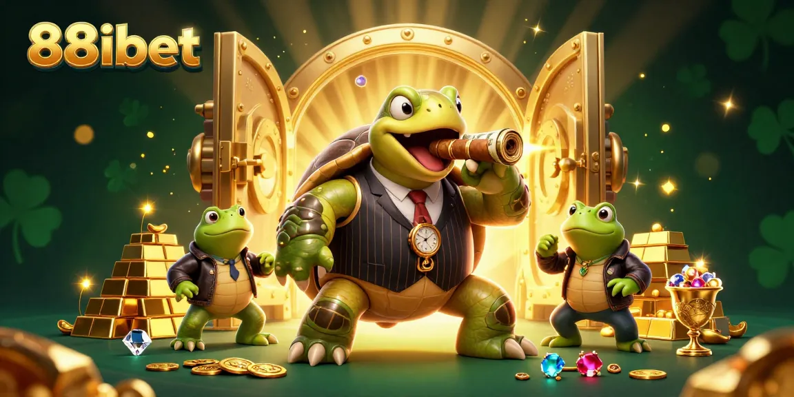 Experience thrilling gaming at 88ibet, where a cartoon turtle mobster and bullfrog enforcers celebrate in a vibrant casino.