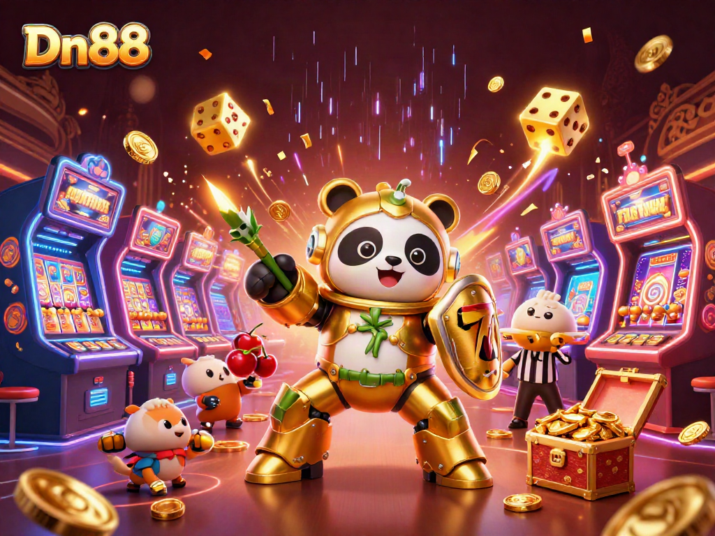 Experience thrilling moments with Dn88 as the golden panda battles in a vibrant casino arena.