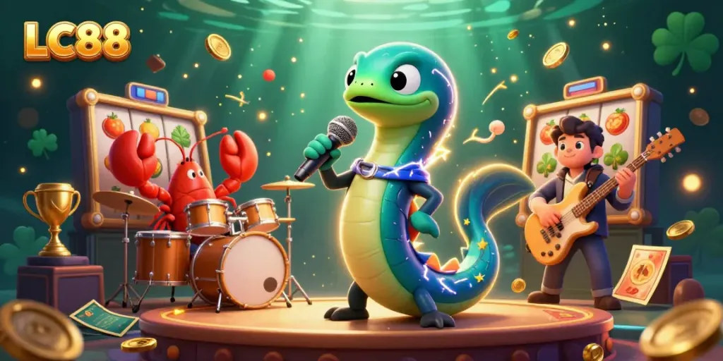 LC88 slots illustration featuring an electric eel DJ, lobster drummer, and seahorse guitarist in a vibrant underwater casino.