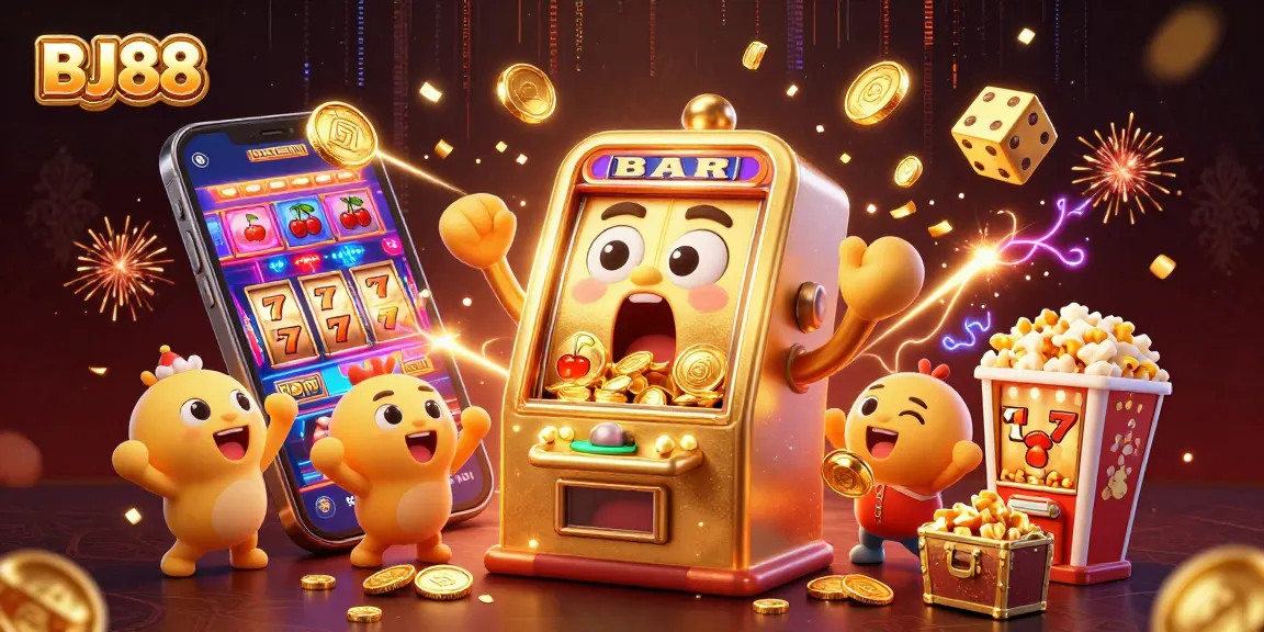 BJ88 slot machine hitting a jackpot while coins pour out, animated celebration scene.