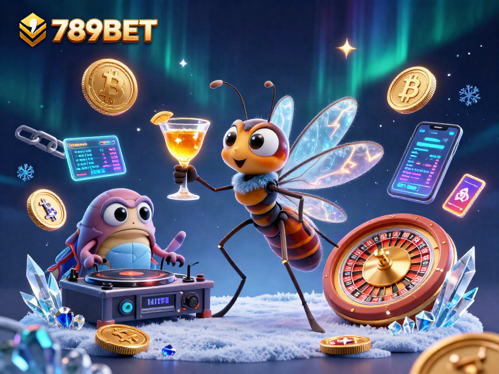 Engage with the 789BET casino world in a vibrant digital scene showcasing crypto elements and animated characters.