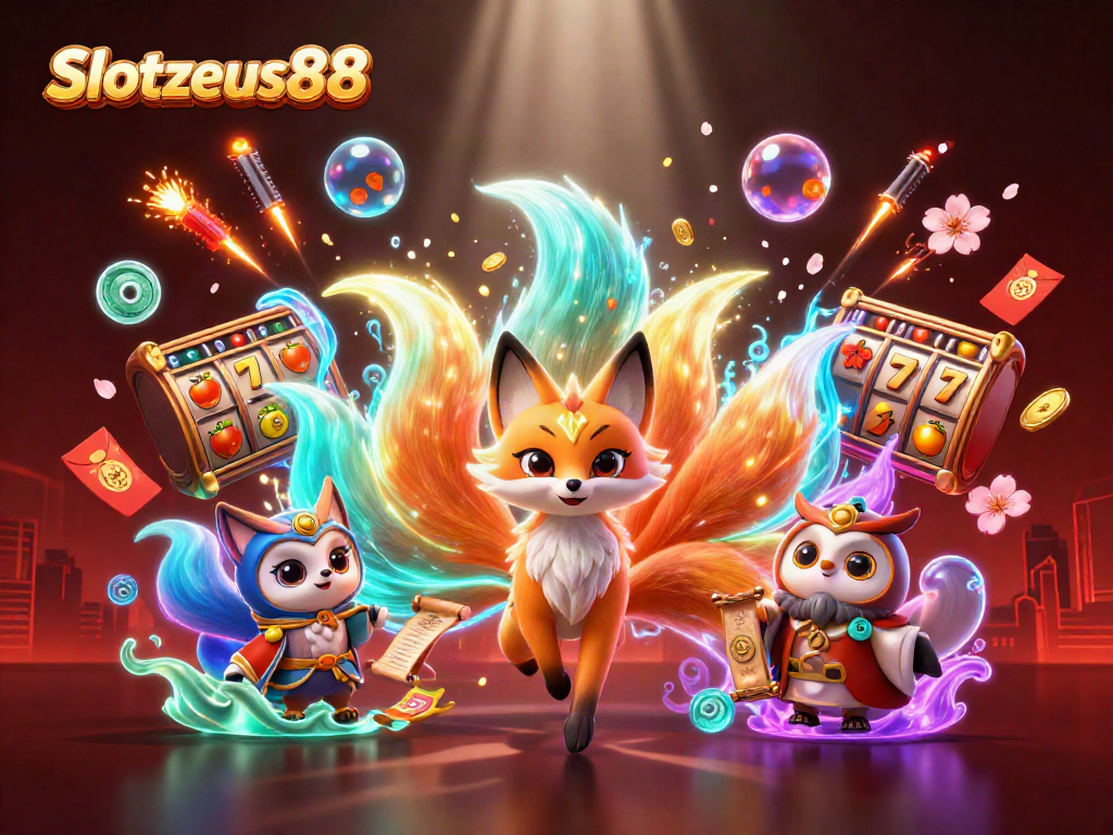 Experience Slotzeus88 with this vibrant scene of a nine-tailed fox spirit and wise owl, alongside colorful slot elements.