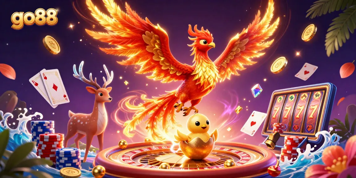 Experience the magic of go88 with a 3D phoenix soaring over abundant casino treasures and games.