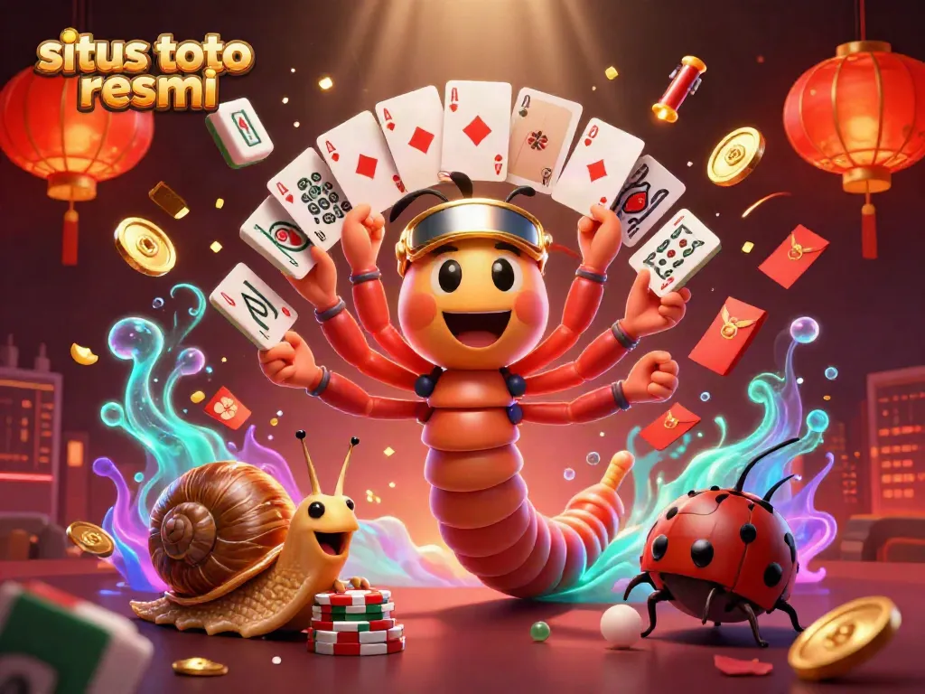 Engage with situs toto resmi through a vibrant 3D casino scene with card-playing characters and festive elements.