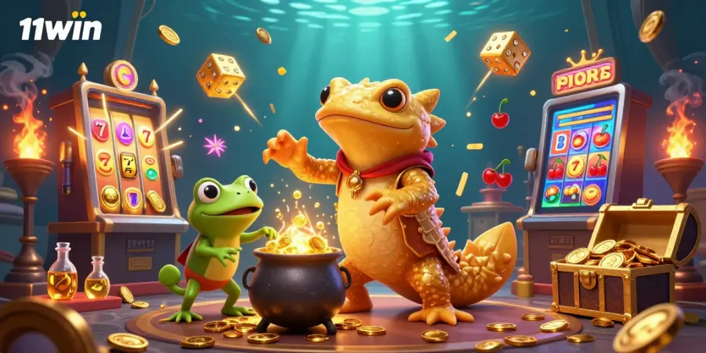 Experience the magic of 11WIN with vibrant casino illustrations showcasing excitement in gameplay, gold coins, and engaging characters.