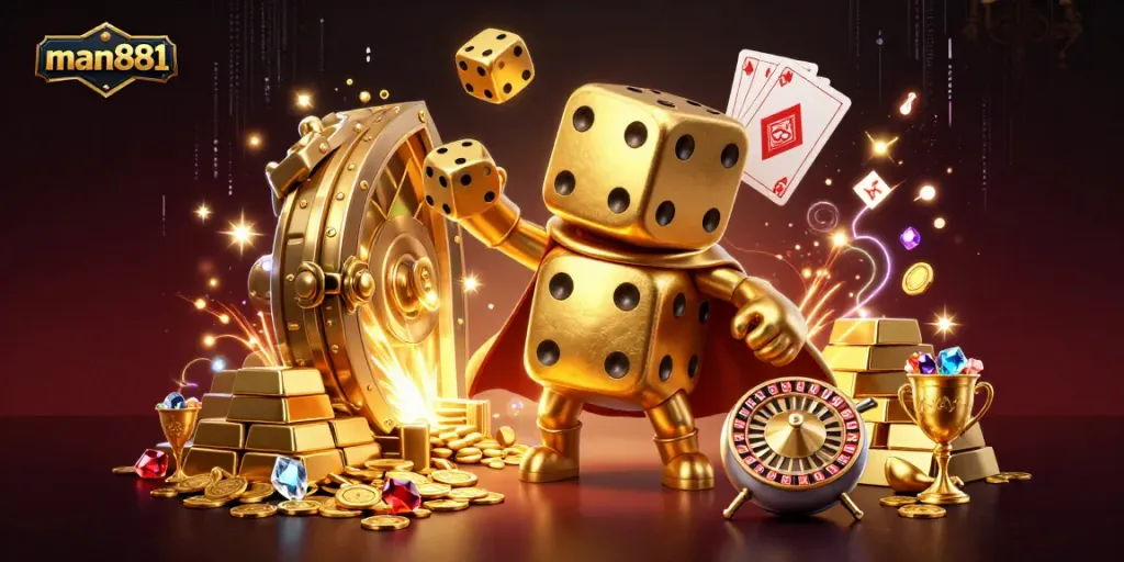 Experience excitement with man881 as the golden dice golem and companions illuminate a vibrant treasure scene.