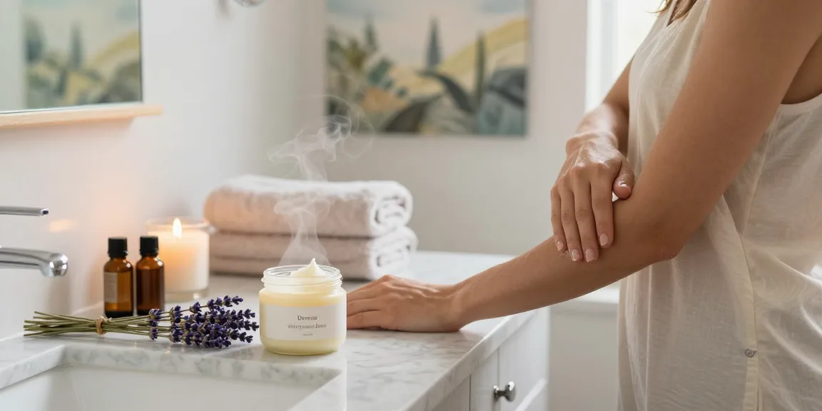 Applying De stress Whipped Body Butter in a calming home spa setting with soothing elements.