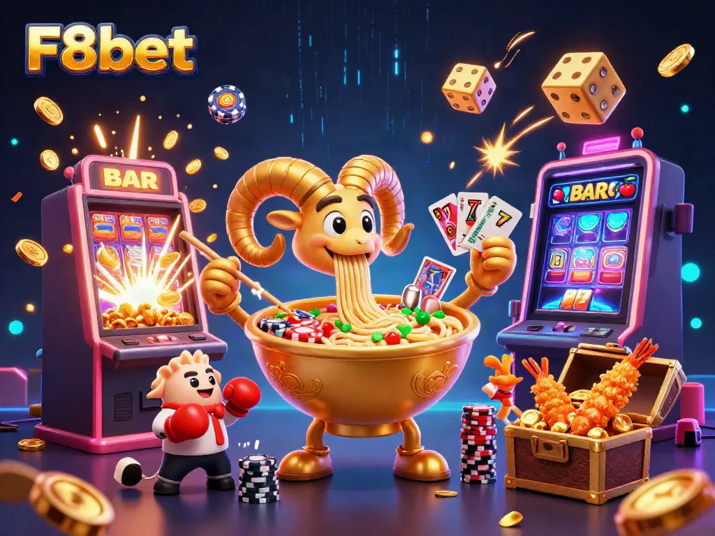 F8bet showcases an exciting casino scene with a giant ramen bowl character, slot machines, and vibrant casino elements.