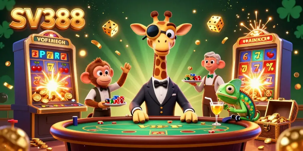 Experience the excitement of SV388 with high-roller giraffe and vibrant casino elements.