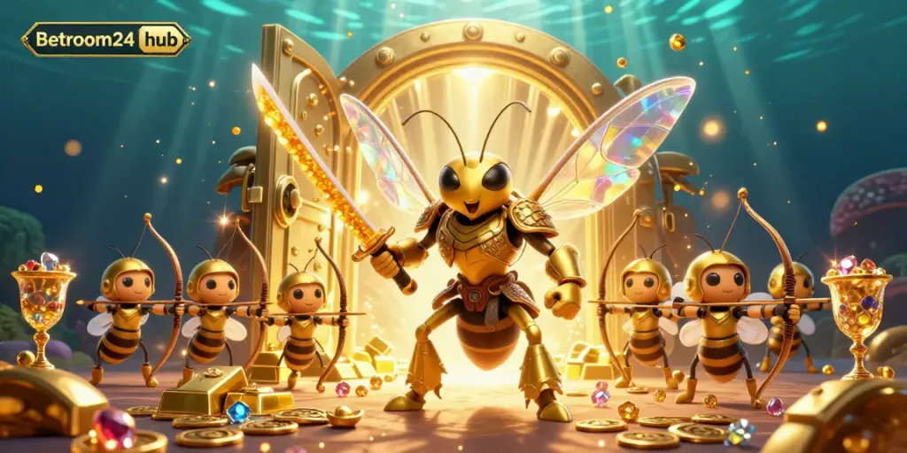 The Betroom24 hub showcases a vibrant 3D casino scene with a golden hornet samurai surrounded by gaming treasures.