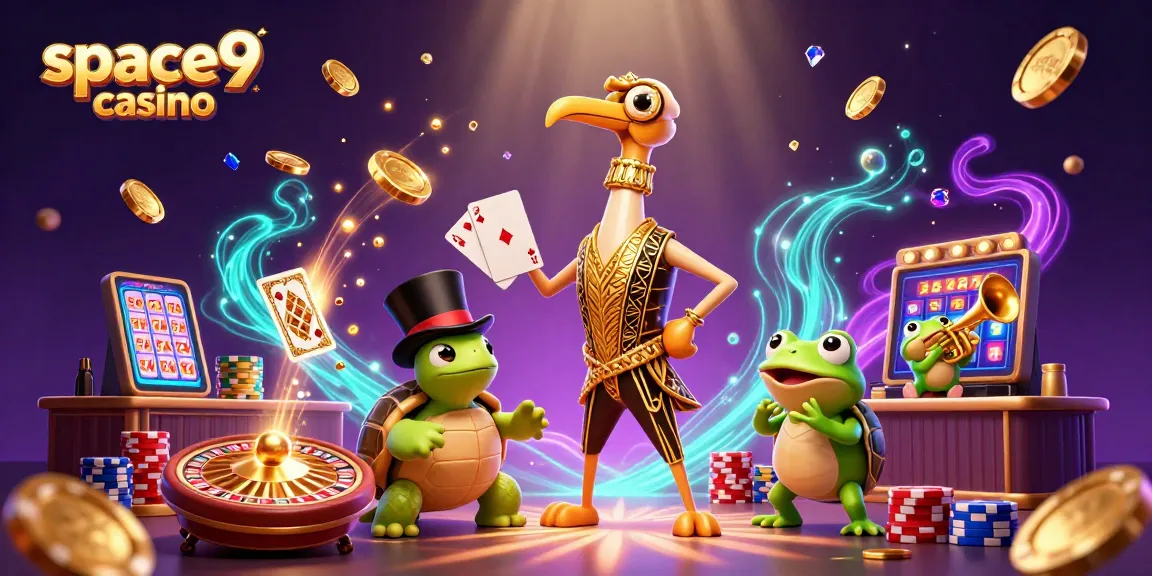 Experience exciting gameplay at space9 casino with dynamic characters and winning elements in a vibrant illustration.