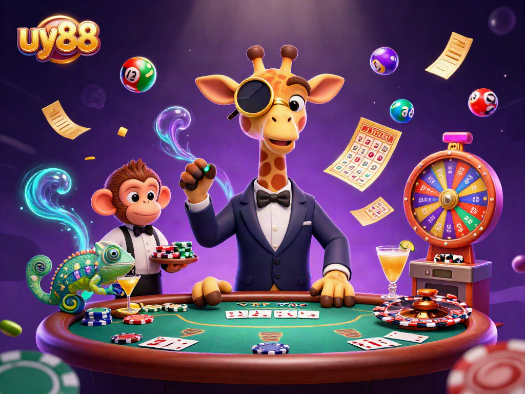 uy88 poker scene with a giraffe, monkey, and chameleon in a dynamic casino setting