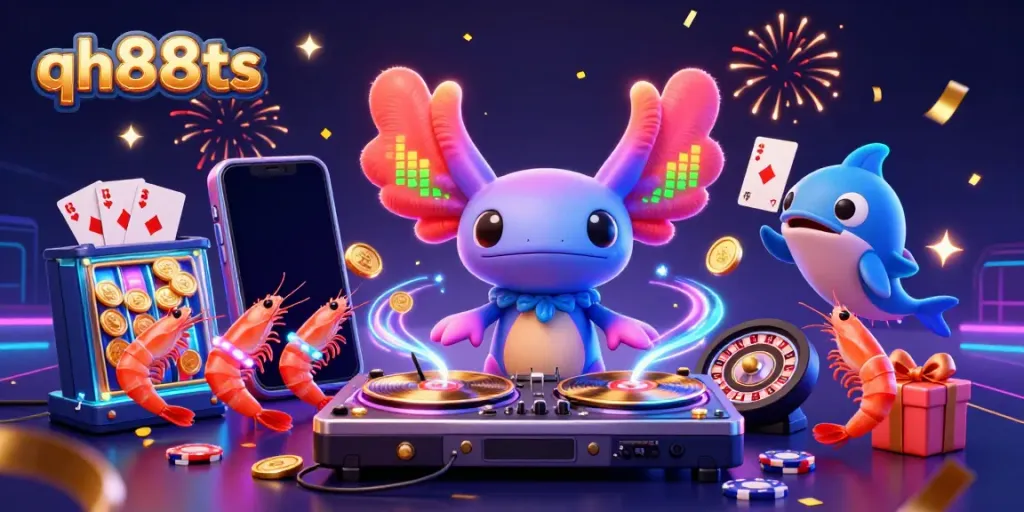 Experience vibrant gameplay action at qh88ts featuring a neon axolotl DJ and underwater casino elements.