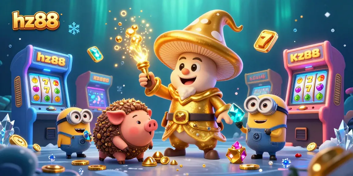 Experience the magic of hz88 casino with a golden wizard and treasure hunting pig in a vibrant arcade scene.