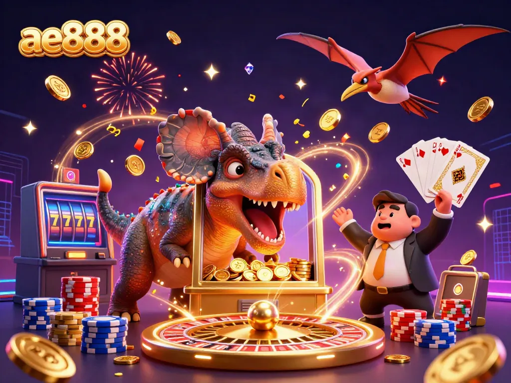 Engaging scene of ae888 with a pachycephalosaurus hitting a slot machine, coins flying everywhere.