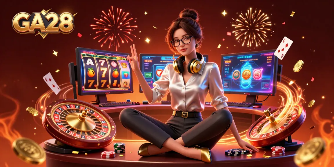 Engage in thrilling casino action at GA28 with vibrant slot reels and a professional gamer at the center.