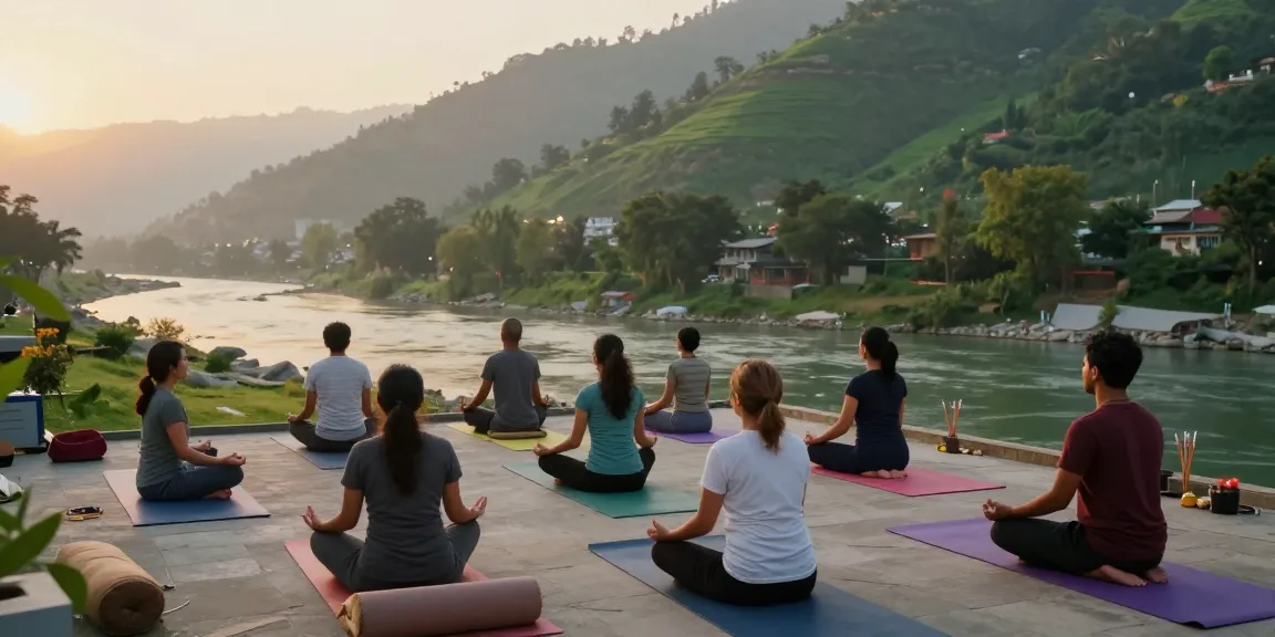 Best yoga teacher training course in Rishikesh India sunrise meditation session with instructor and students in serene setting.