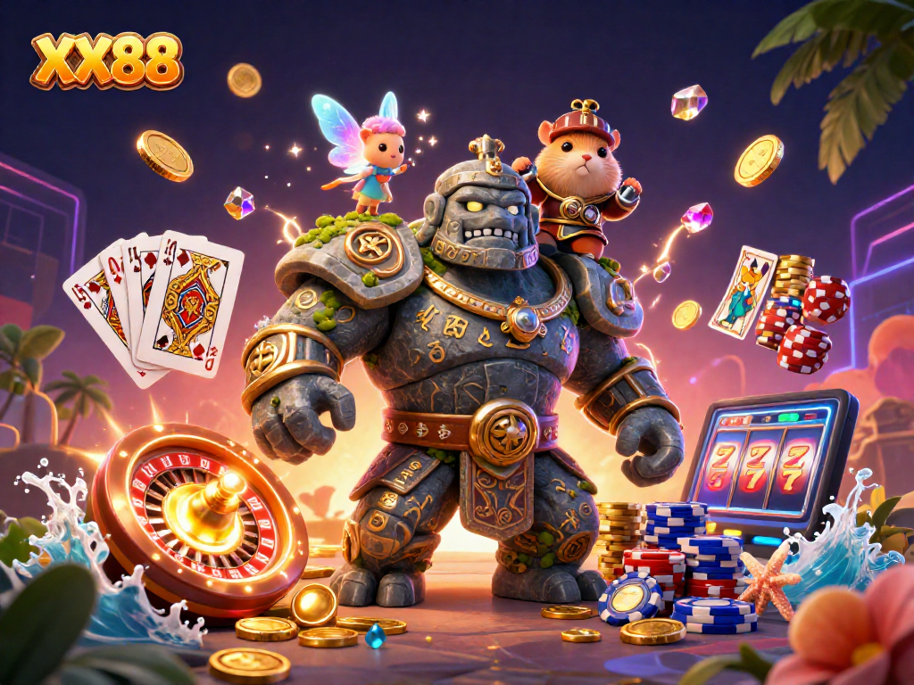 Experience gaming excitement with XX88's dynamic 3D golem and fairy illustration emitting sparkles and casino elements.