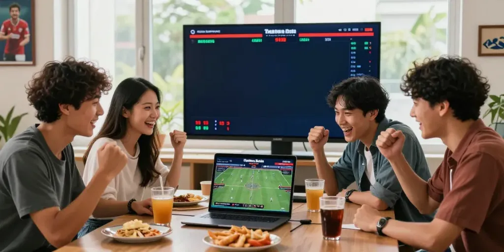 Celebrating friends enjoying online betting on Taruhan Bola DewaGG during a game night.