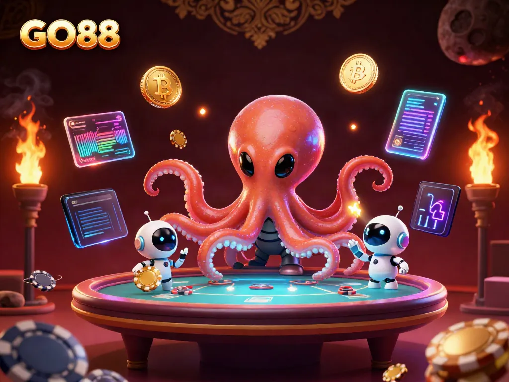 Engage with GO88's alien-themed poker adventure featuring 3D characters and cosmic elements.