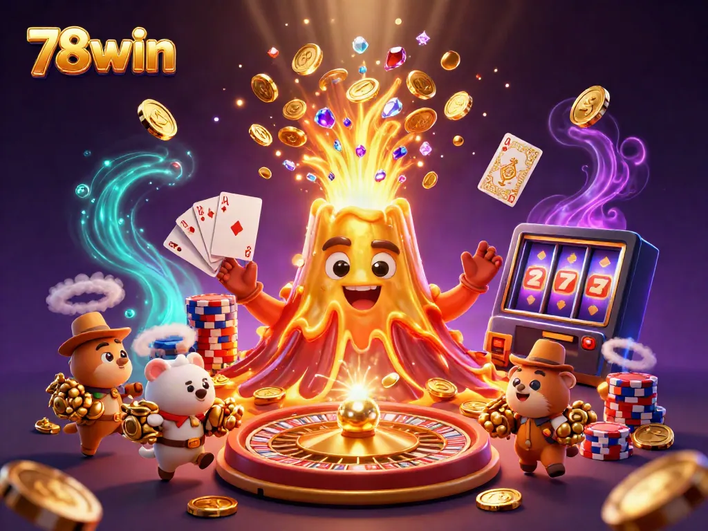 Experience the excitement of winning at 78win as golden coins and treasures cascade from a triumphant volcano.