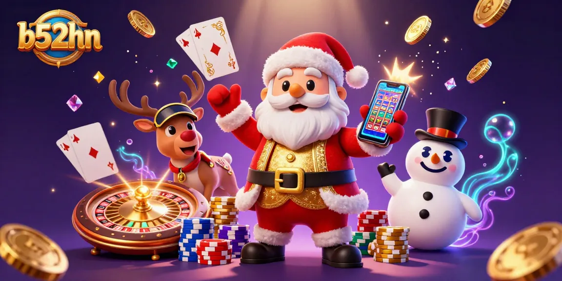 Experience the excitement at b52hn with a vibrant casino scene showcasing jackpot slots and festive characters.