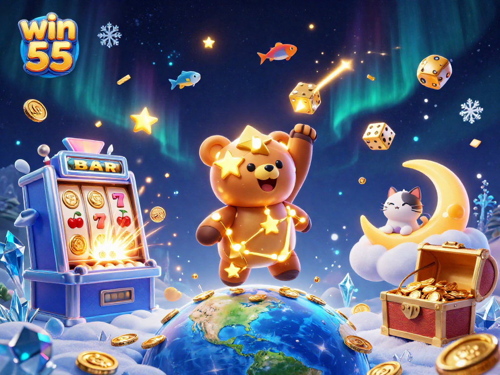 Win 55 players enjoy a thrilling jackpot scene filled with stars, coins, and casino excitement.