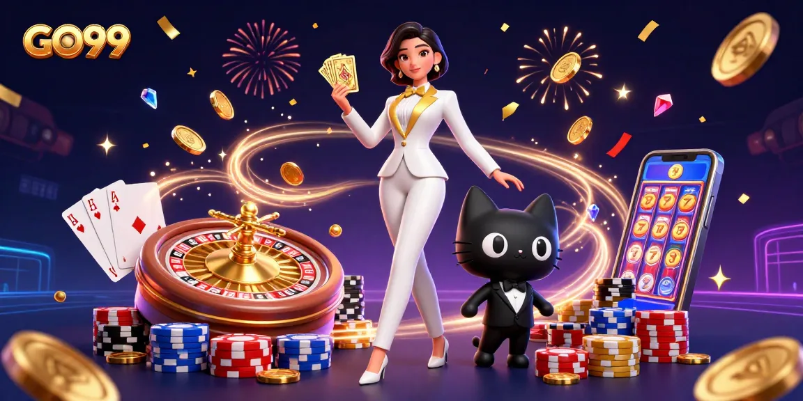 Experience GO99 with a glamorous woman shuffling cards and vibrant casino elements in action.