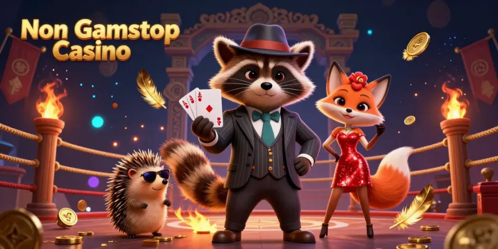 Experience a thrilling Non Gamstop Casino atmosphere featuring a suave raccoon and companions.