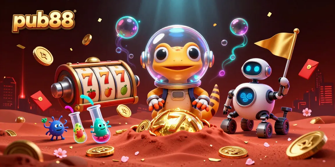 Join the excitement at pub88 with vibrant casino elements and a playful Martian gecko adventure.
