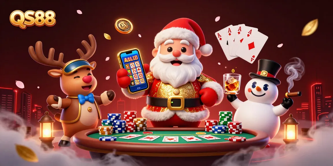 Experience dynamic jackpot action at QS88 with Santa, his reindeer dealer, and a poker chip snowman.