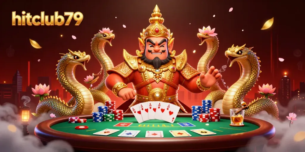 Engaging Hitclub79 gaming scene with a Thai guardian, poker elements, and vibrant decorations.