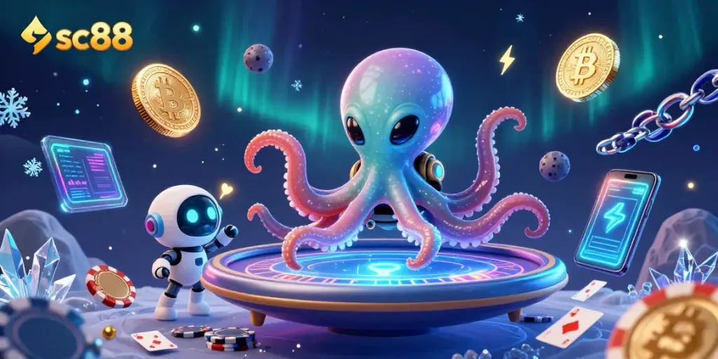 Experience thrilling poker action with sc88 featuring an alien octopus at a holographic table.