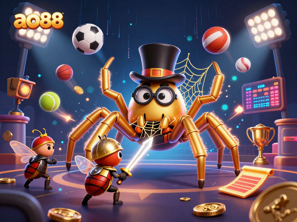 Engage with ao88's thrill as the giant tarantula weaves golden threads amidst dynamic sports elements.