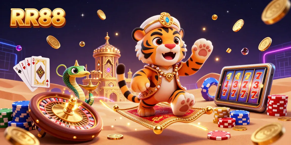 Immerse in the dazzling world of RR88's casino with a vibrant 3D illustration featuring a tiger sultan, golden treasures, and lively gaming elements.