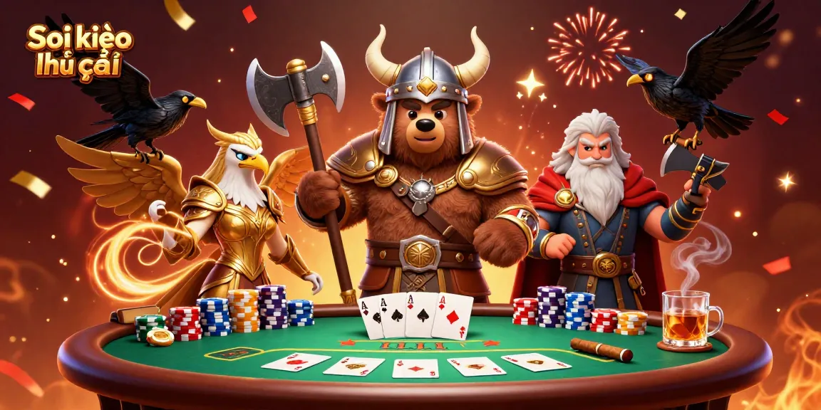 Soi kèo nhà cái illustrated scene of a Viking bear and Valkyrie eagle at a poker table with vibrant casino elements.