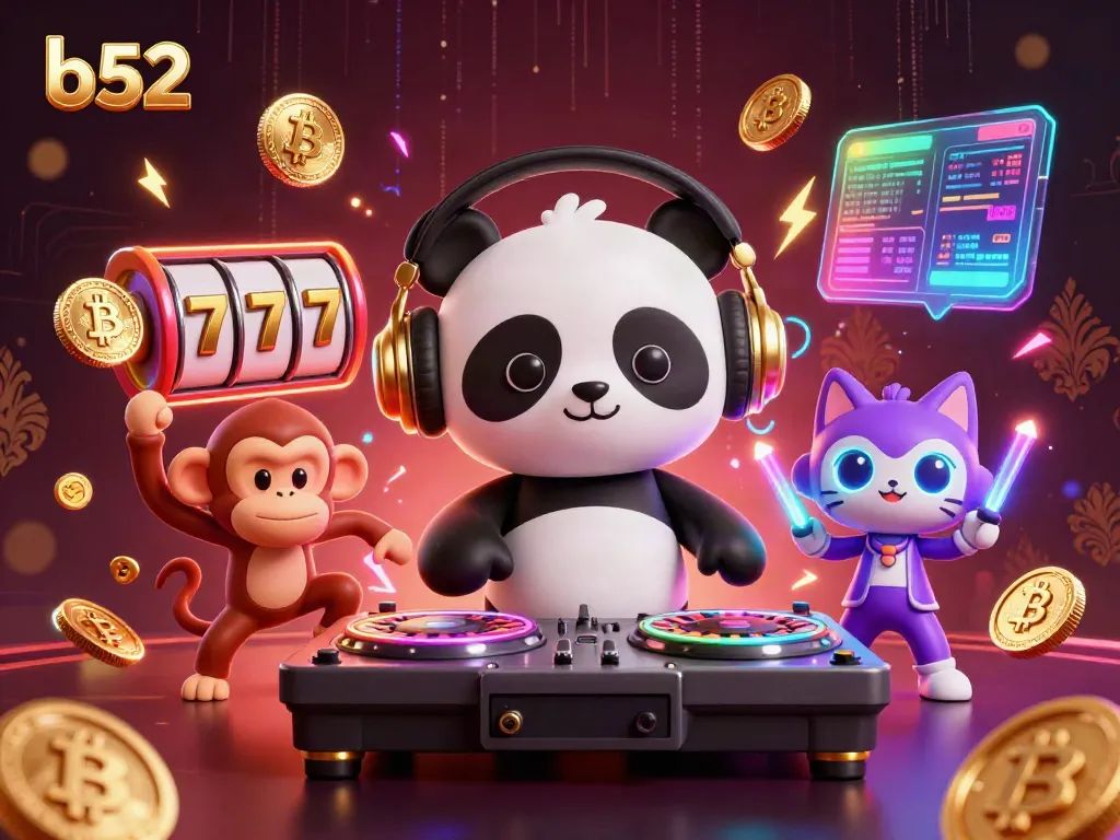 Play and win at b52 with a lively casino scene featuring a DJ panda, dance elements, and vibrant crypto symbols