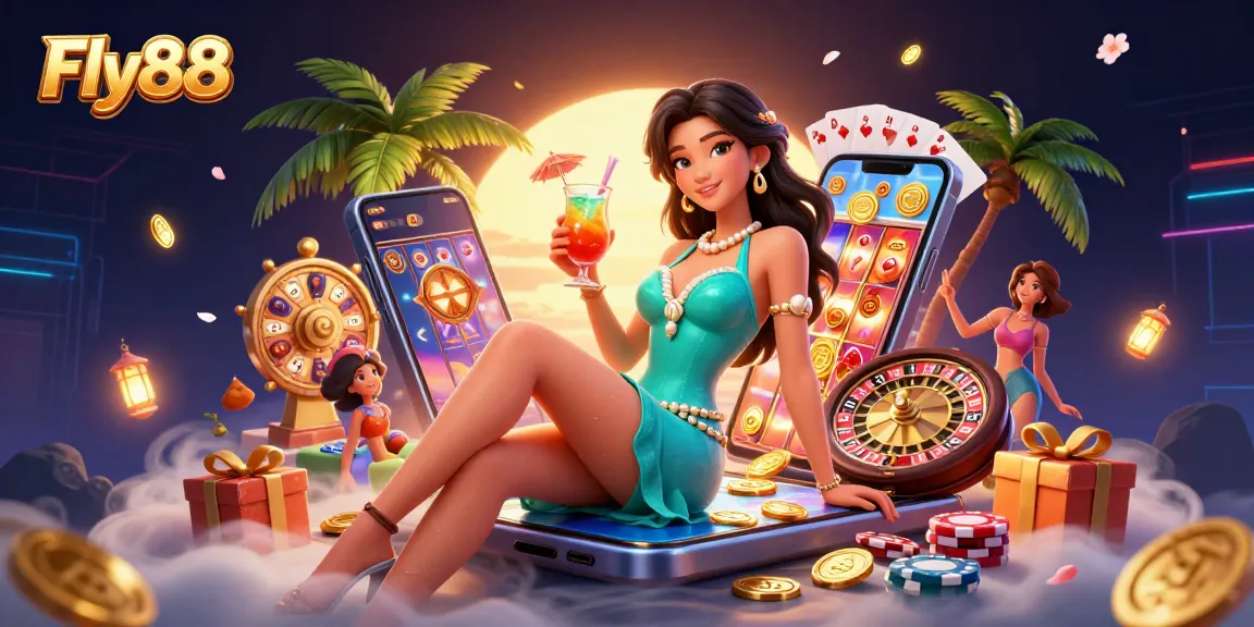 Engage with dynamic Fly88 casino action, showcasing slots and games amid vibrant casino elements.