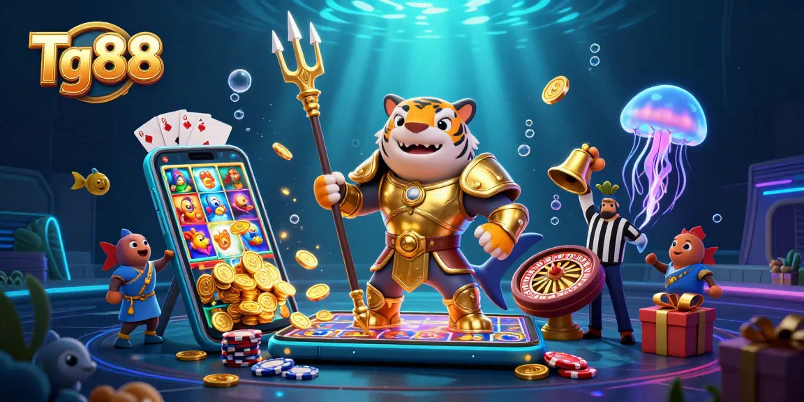 Tg88 offers thrilling underwater casino games with a golden armored shark and vibrant slot action.
