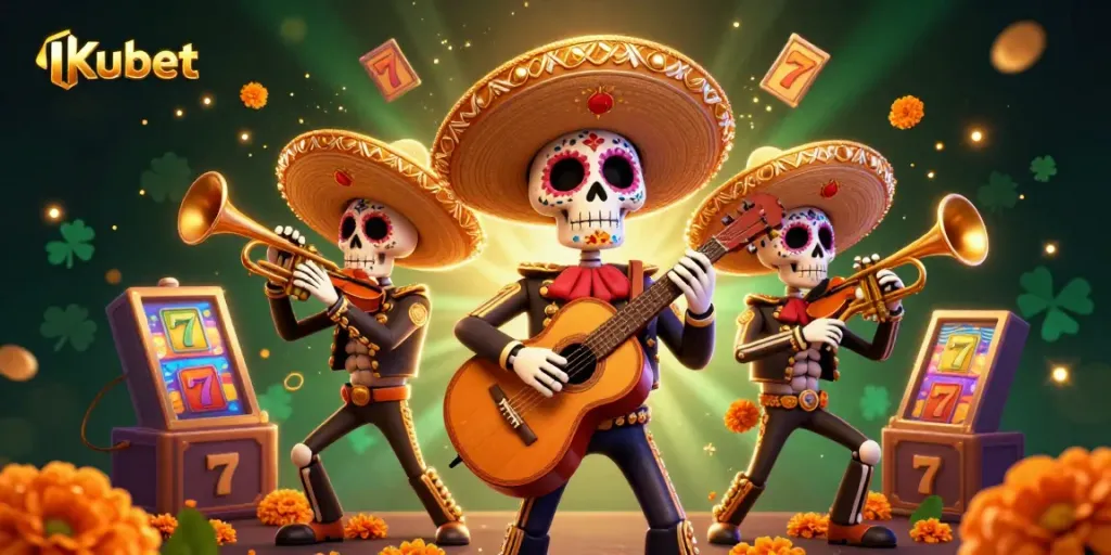 Kubet showcases winning strategies in a festive 3D illustration featuring a mariachi band in a vibrant casino scene.