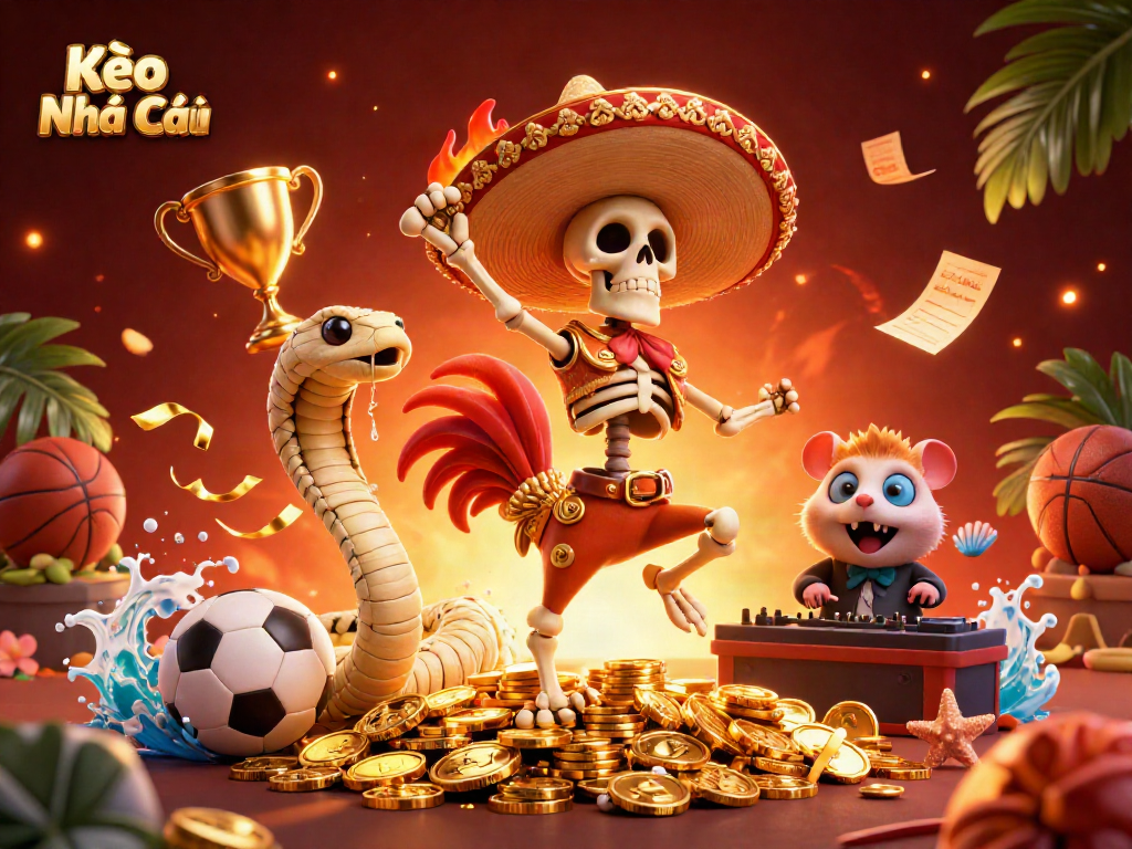 Kèo Nhà Cái sports betting scene with a vibrant skeleton mariachi rooster and festive elements